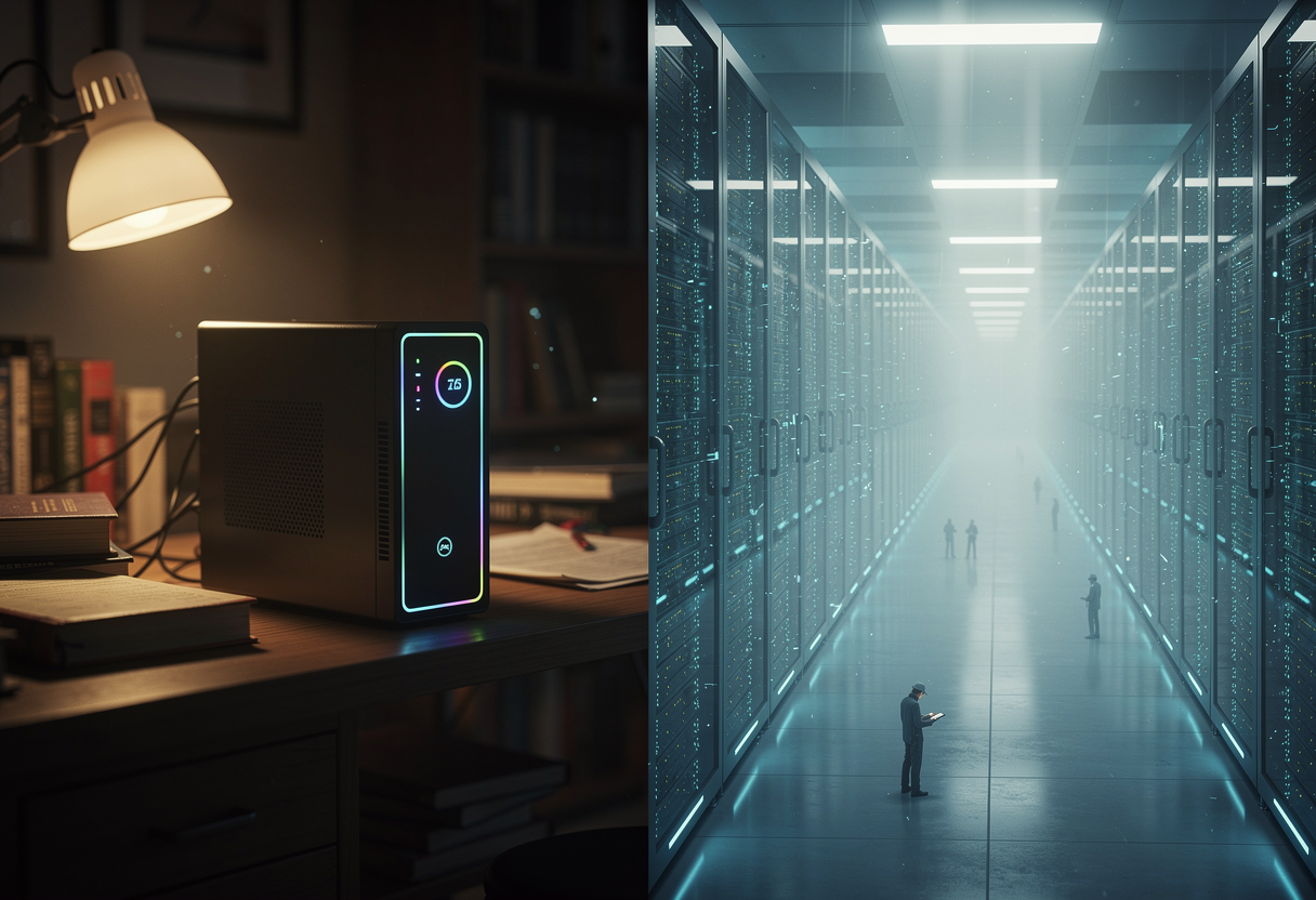 A split scene: on the left a small home server glowing on a wooden shelf in a dim study, on the right a vast cloud data centre bathed in cold blue light, conceptual, cinematic, shallow depth of field