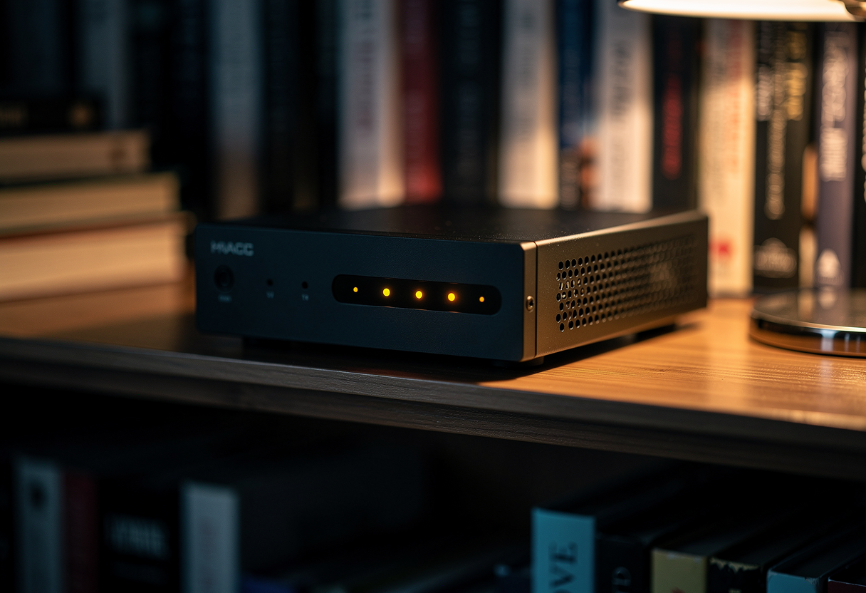 A compact home microserver tucked on a bookshelf at night, status LEDs glowing amber, warm domestic lighting, shallow depth of field, cinematic
