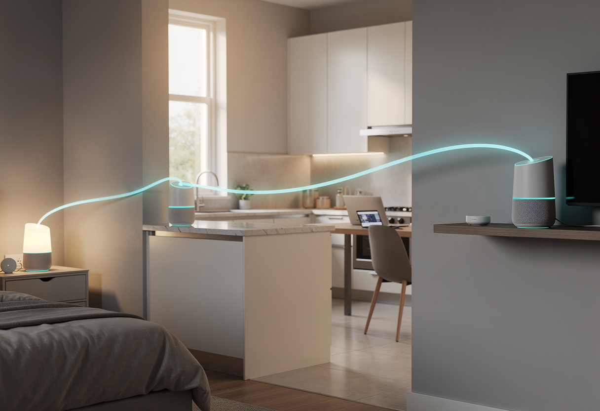 A row of small smart speakers on kitchen, bedroom and shelf surfaces, each glowing with a cyan ring, while a single line of light travels between them from a laptop in another room