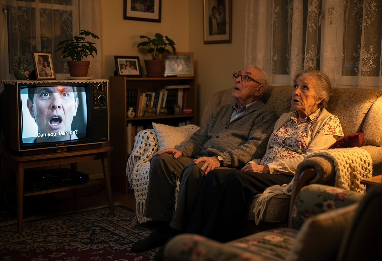 A cosy living room in another town where an elderly couple look up, startled, from their sofa at a television that has suddenly started talking