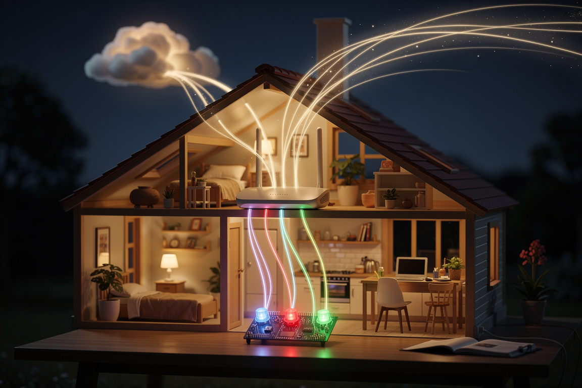 A cutaway house at night showing message trails flowing from the cloud through the router to a circuit board with three LEDs