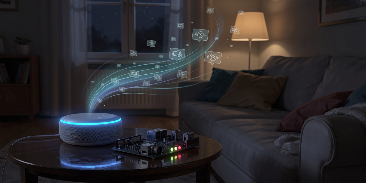 A smart speaker glowing blue in a dark living room beside a custom circuit board, network packets streaming in through the window