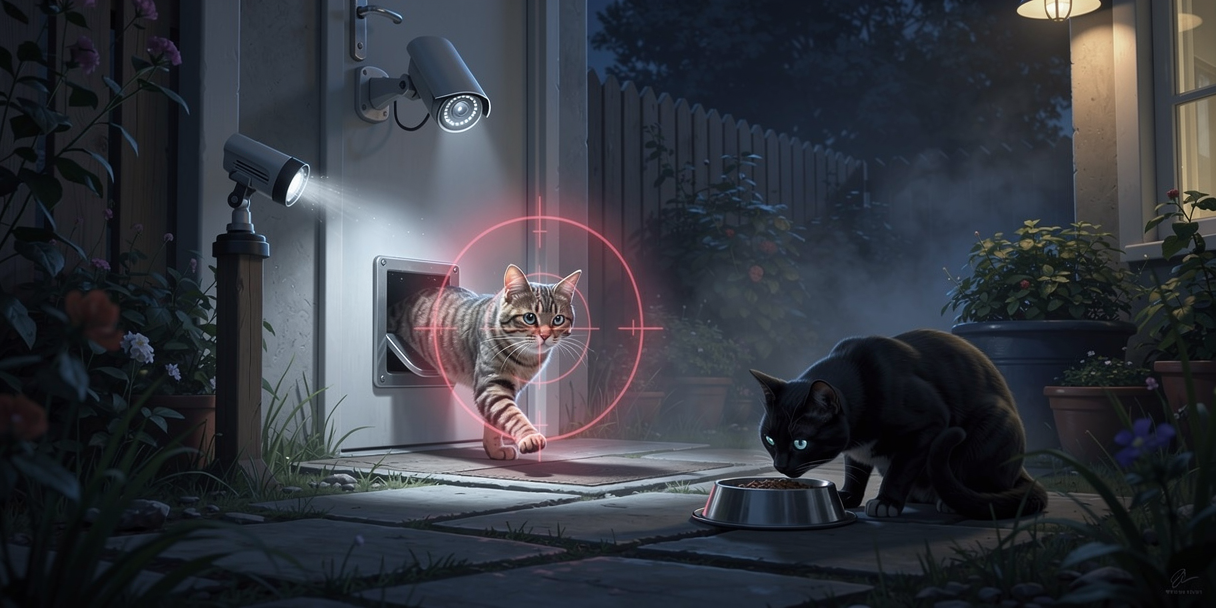 A garden camera projecting a targeting reticle onto an intruder cat at the cat flap while a black cat eats undisturbed
