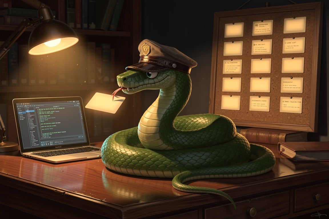 A python snake in a courier cap ferrying index cards between a laptop and a corkboard