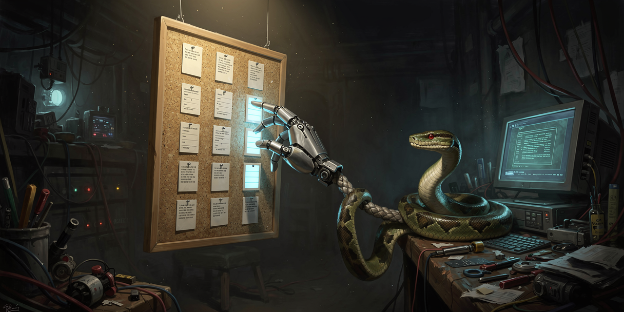 A robotic hand arranging glowing cards on a corkboard, a python snake coiled along the cable to a terminal