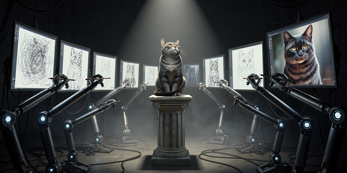 A cat on a plinth sketched by mechanical arms onto canvases showing progressively better likenesses