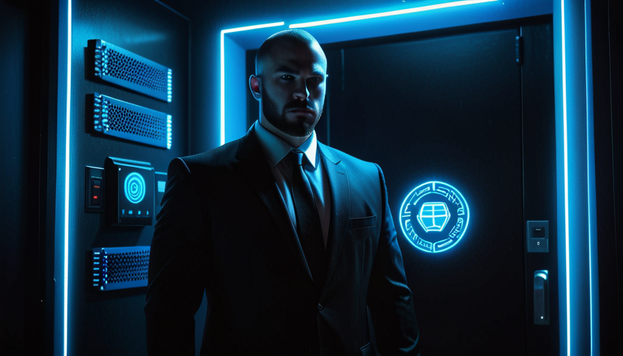 A stern bouncer in a black suit standing outside a server room door