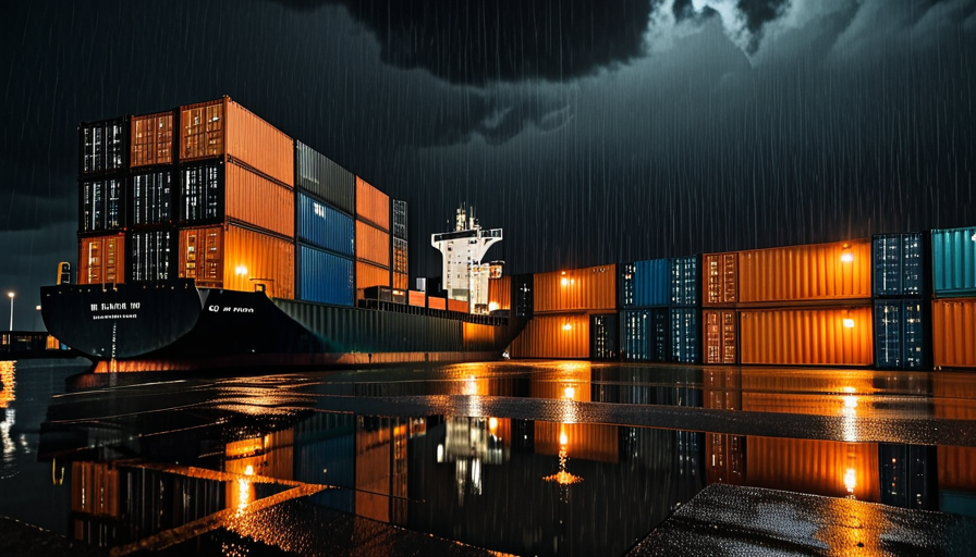 A dark harbour at night, shipping containers stacked high, a lone crate marked with a Rust logo