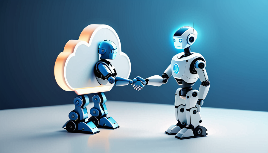 A friendly robot shaking hands with a glowing cloud entity, circuit board patterns visible