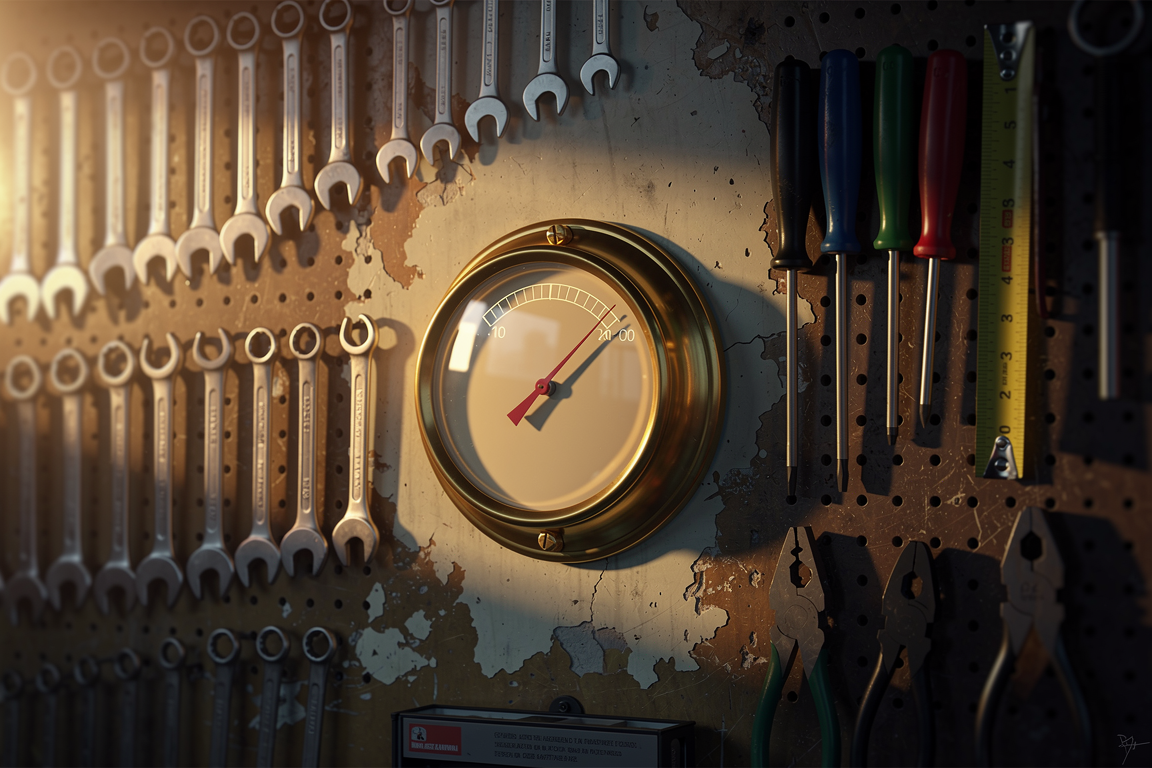 A brass thermostat dial glowing on a workshop wall, its needle sweeping a clean arc
