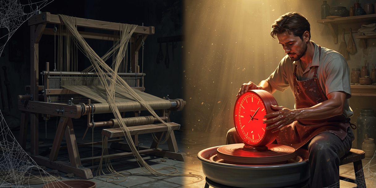 A workshop split between an abandoned tangled loom in shadow and a craftsman shaping a glowing round dial in light