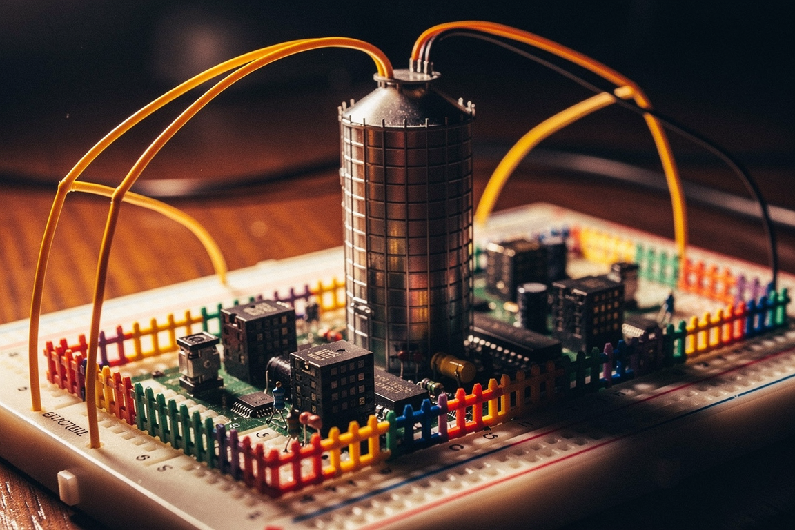 A macro view of a breadboard where a capacitor towers like a grain silo over tiny chip buildings
