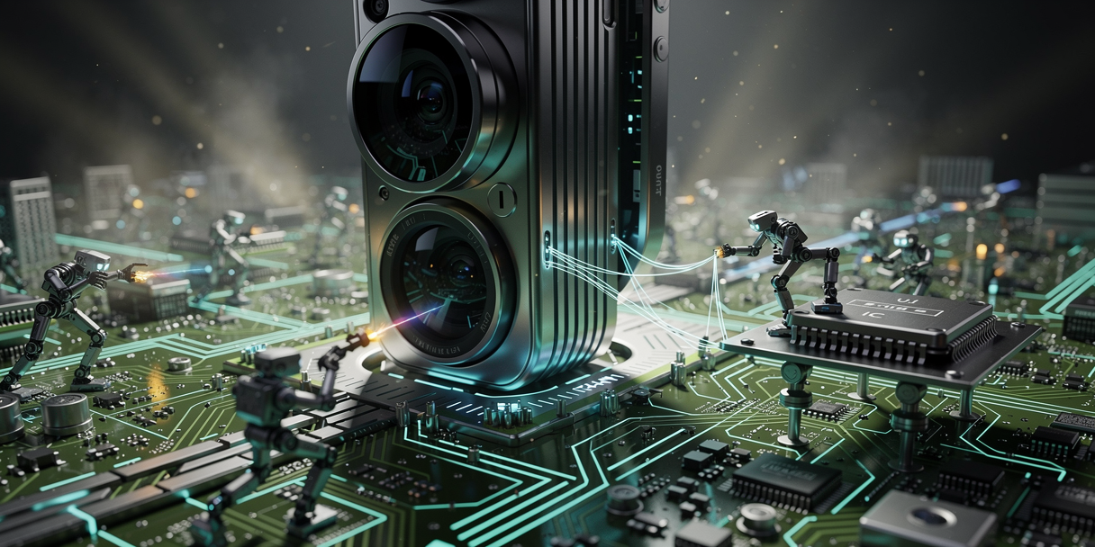A miniature city on a circuit board dominated by a huge camera module, tiny robots stringing new wire bridges from an expander chip