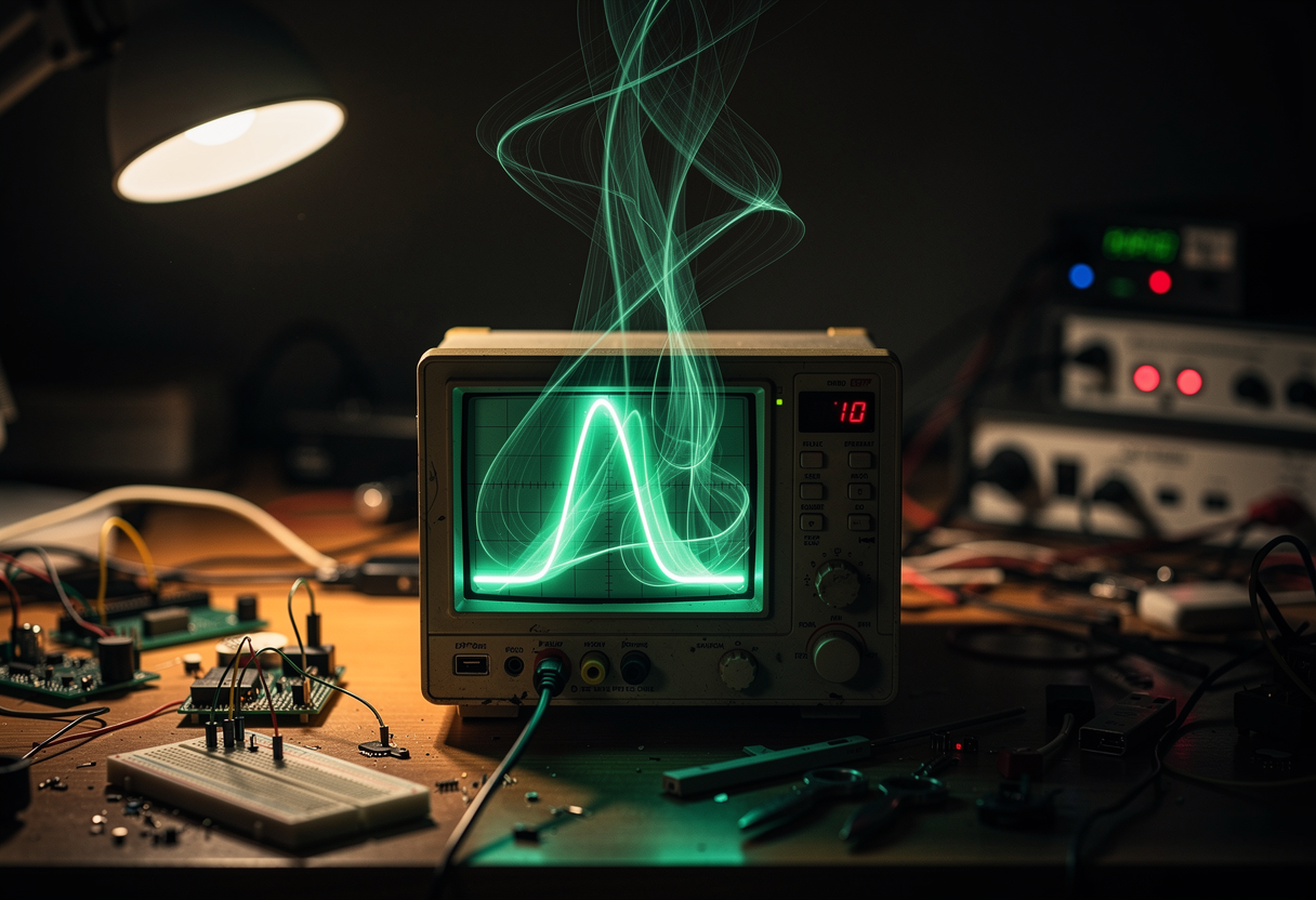 A vintage USB oscilloscope on a cluttered electronics workbench at night, a glowing green waveform rising off the screen and dissolving into abstract light