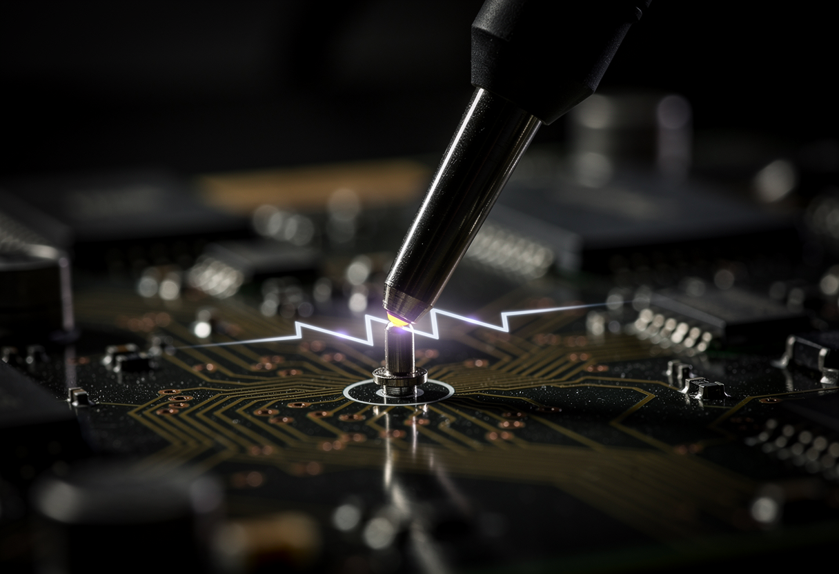 An oscilloscope probe tip touching a single calibration pin on a circuit board, extreme macro, a faint square-wave glow