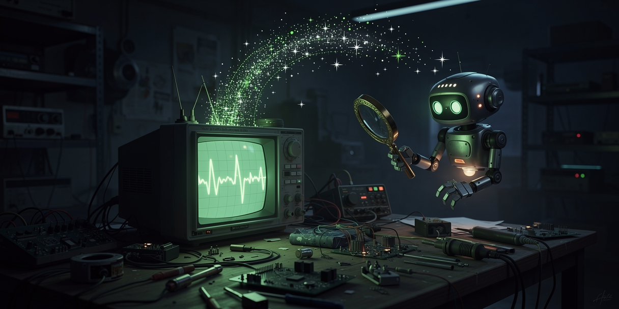 An oscilloscope projecting its waveform into a constellation studied by a hovering robot with a magnifier