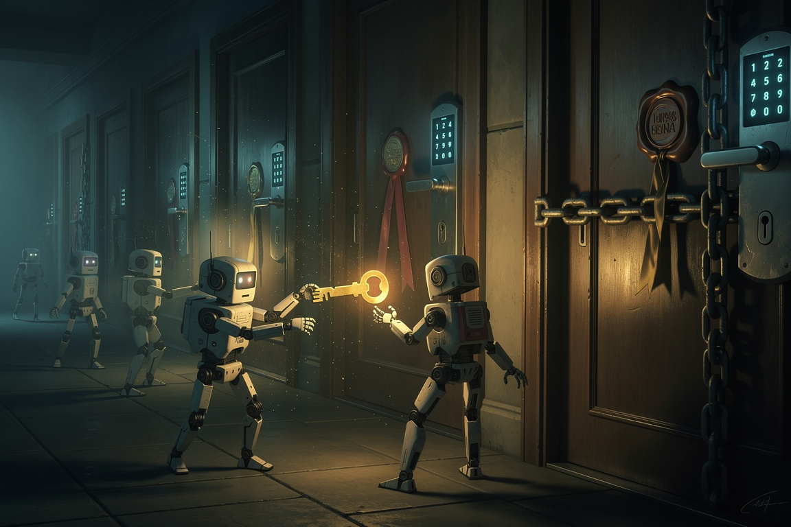 Robot couriers passing a key through doorways each secured by a different lock