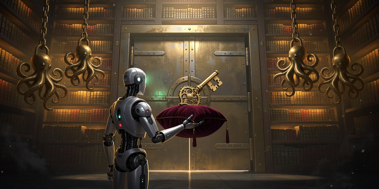A robot courier presenting a brass key to a vault door set into library shelves of repositories