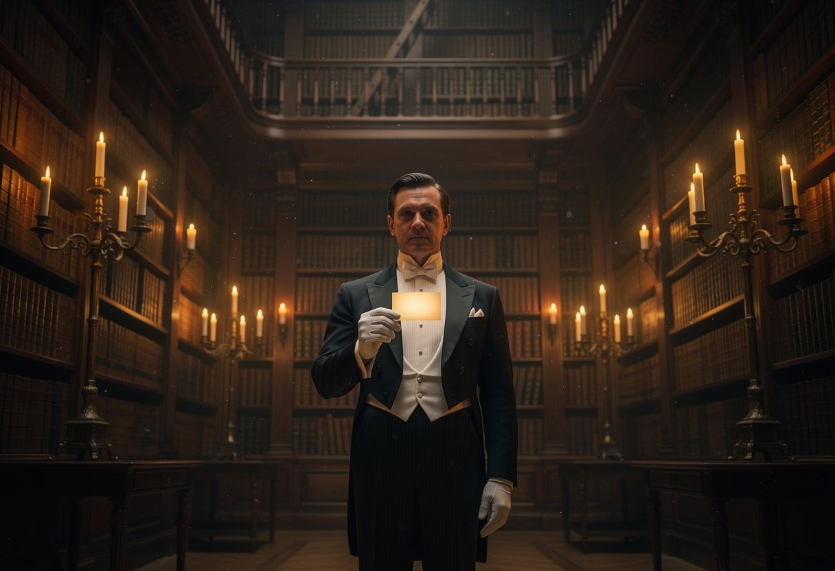 An impeccably composed butler standing in a vast candlelit Edwardian library, holding a single softly glowing index card