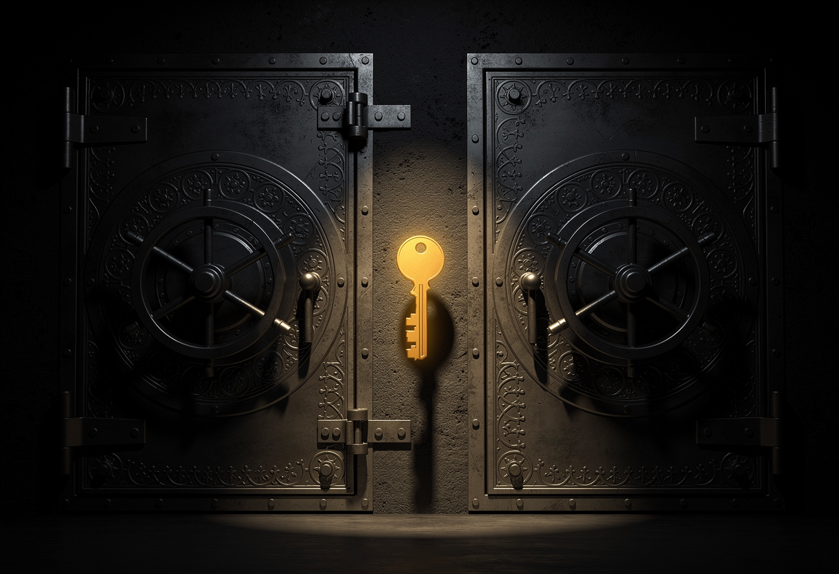 Two near-identical ornate vault doors side by side, a single glowing key suspended between them not quite fitting either