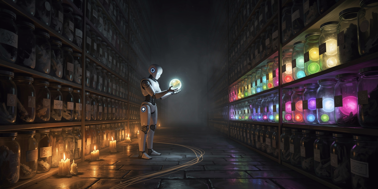 A robot filing glowing memory orbs into jars along an endless candlelit archive corridor