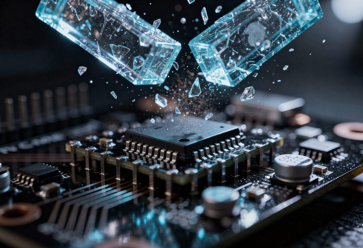 Extreme macro of a tiny ESP32 circuit board at night, two glowing translucent memory blocks colliding and fragmenting