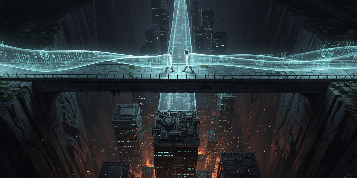 Two glowing data streams squeezing across a narrow bridge while a third waits frozen above a flickering circuit city