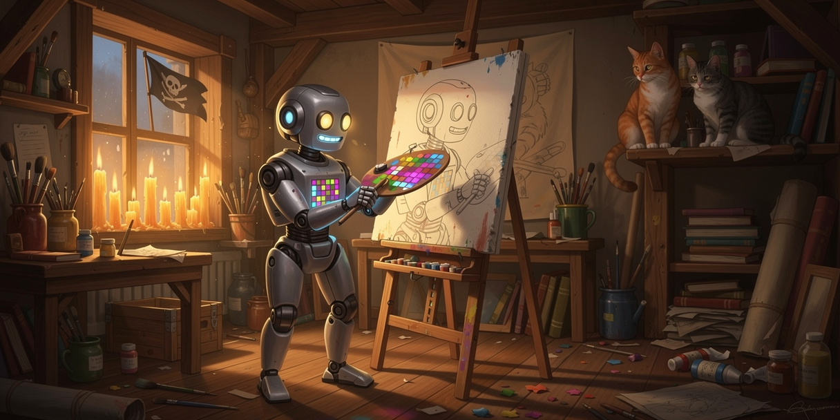 A robot painting a self-portrait at an easel in a candlelit studio, cats watching from a shelf