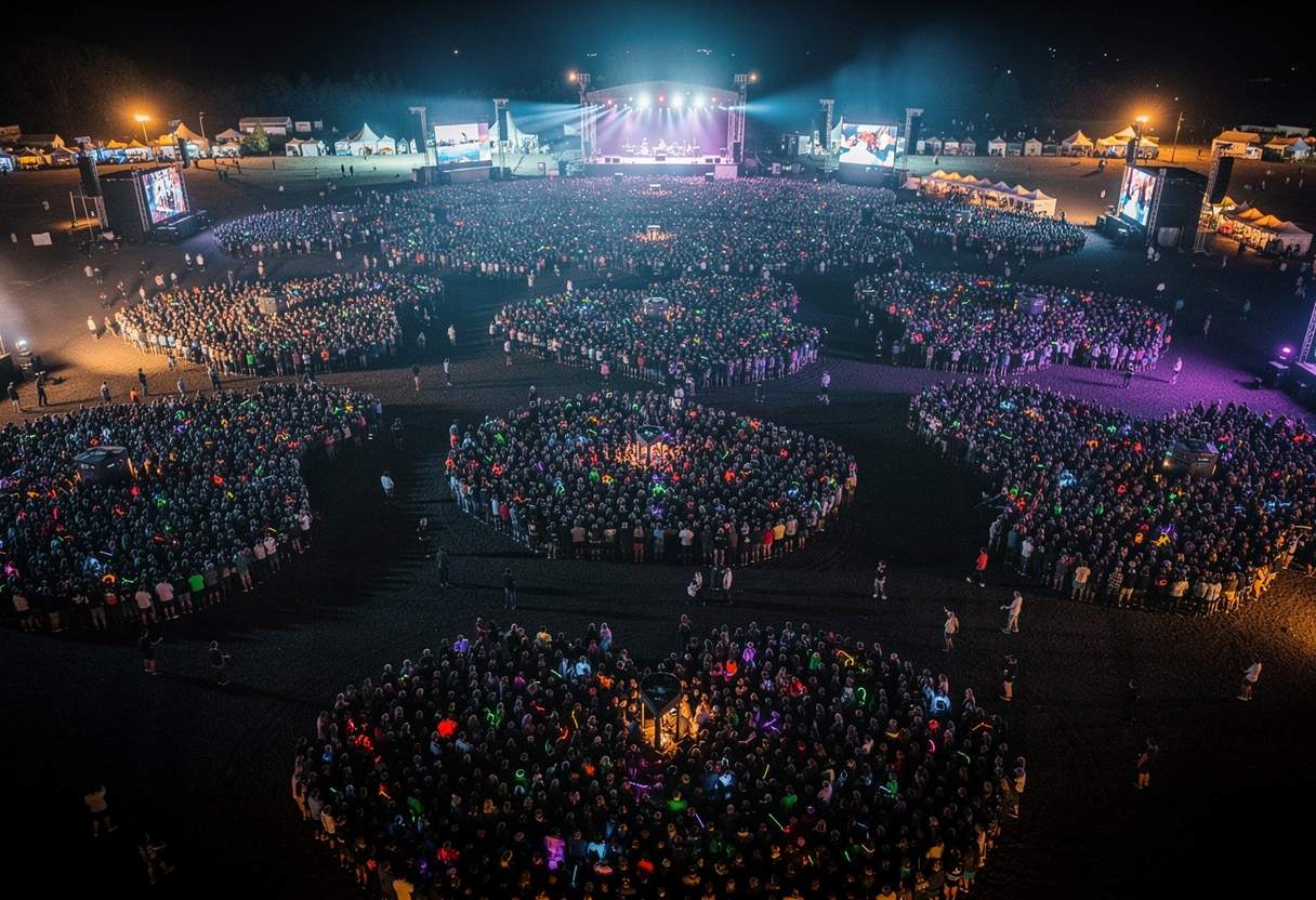 An aerial night photograph of a music festival, with tight bright knots of people gathered into distinct groups and scattered stragglers drifting through the dark spaces between them