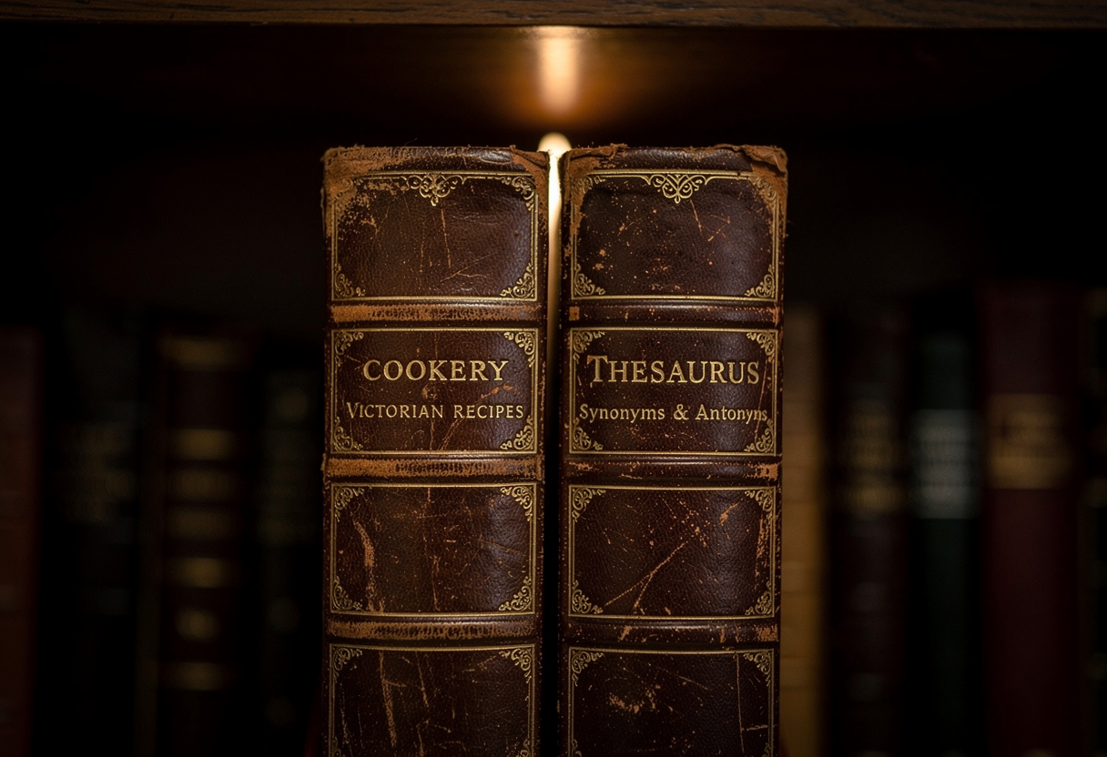 A leather-bound Victorian cookery book and a thesaurus standing side by side on a dark shelf, so alike in their bindings that only the lettering tells them apart