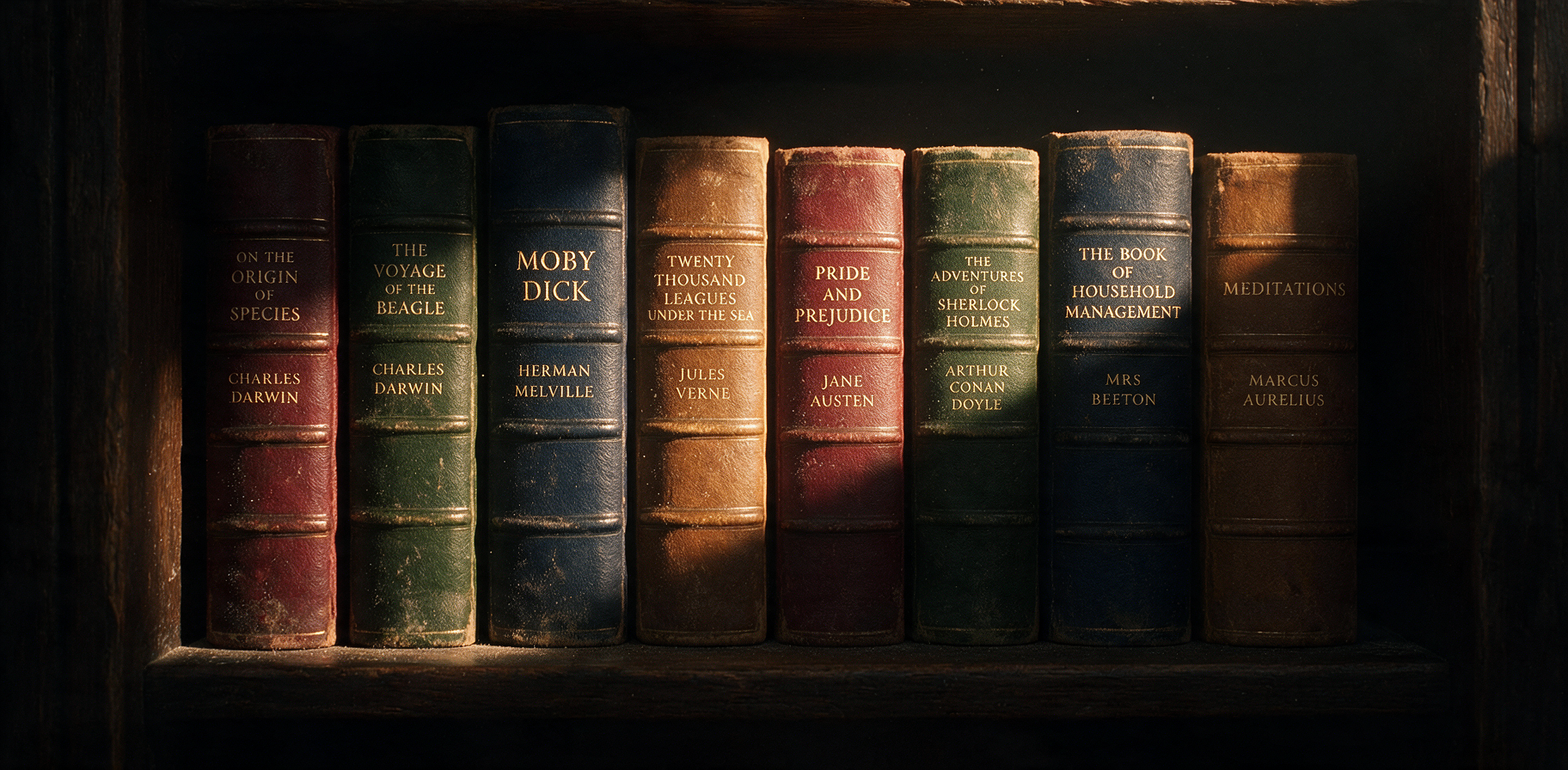 A dark bookshelf lit by a single shaft of light, picking out the gilt spines of the eight public-domain books that make up the demo corpus: On the Origin of Species and The Voyage of the Beagle by Charles Darwin, Moby Dick by Herman Melville, Twenty Thousand Leagues Under the Sea by Jules Verne, Pride and Prejudice by Jane Austen, The Adventures of Sherlock Holmes by Arthur Conan Doyle, The Book of Household Management by Mrs Beeton, and Meditations by Marcus Aurelius