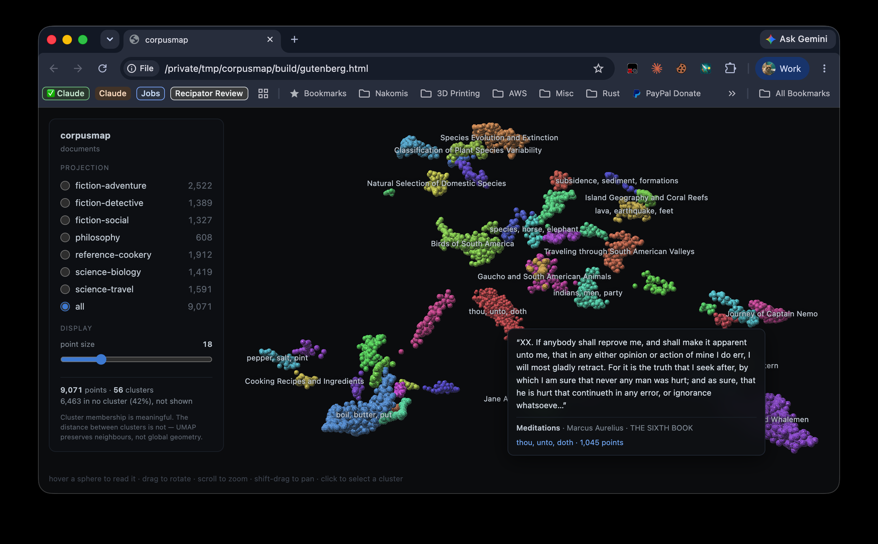 The corpusmap viewer open in a browser at a file:// URL, needing no server: a dark canvas of coloured point clouds, each cluster captioned with its name — Birds of South America, Cooking Recipes and Ingredients, Journey of Captain Nemo, Species Evolution and Extinction — with a hover card open over one sphere showing the passage it stands for, attributed to Meditations by Marcus Aurelius, and a panel reporting 9,071 points in 56 clusters