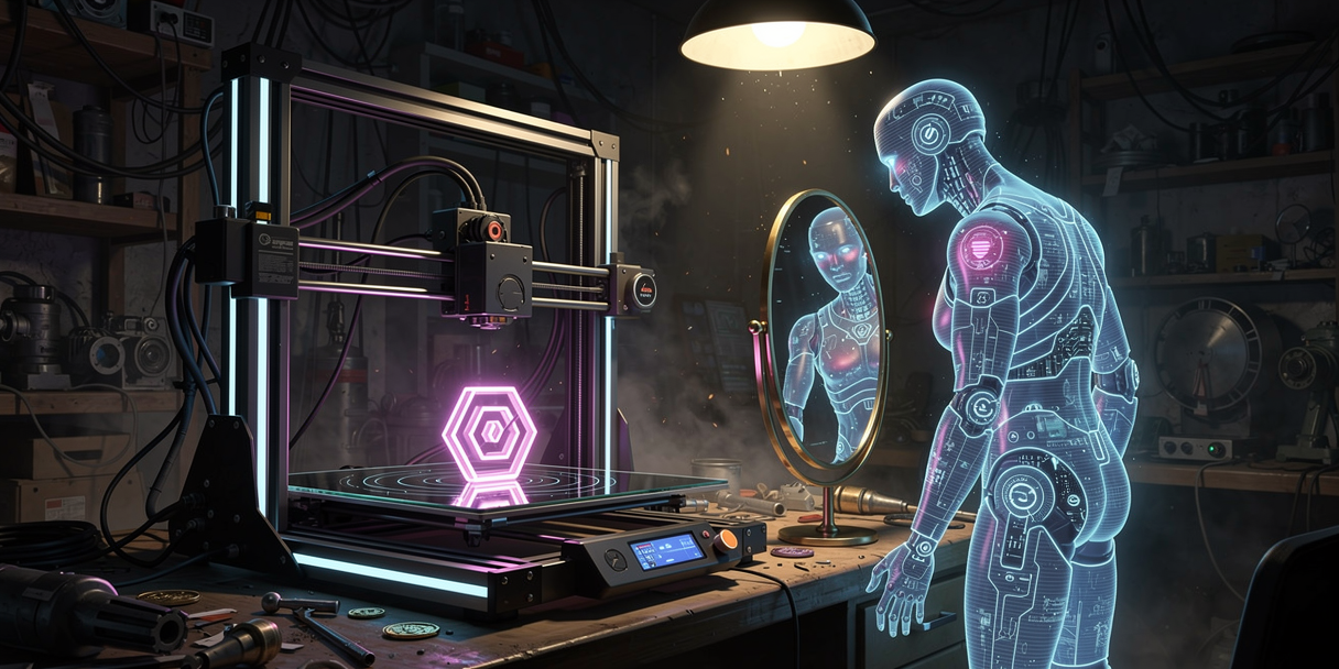 A 3D printer printing a glowing hexagonal token beside a hologram of a robot studying its reflection