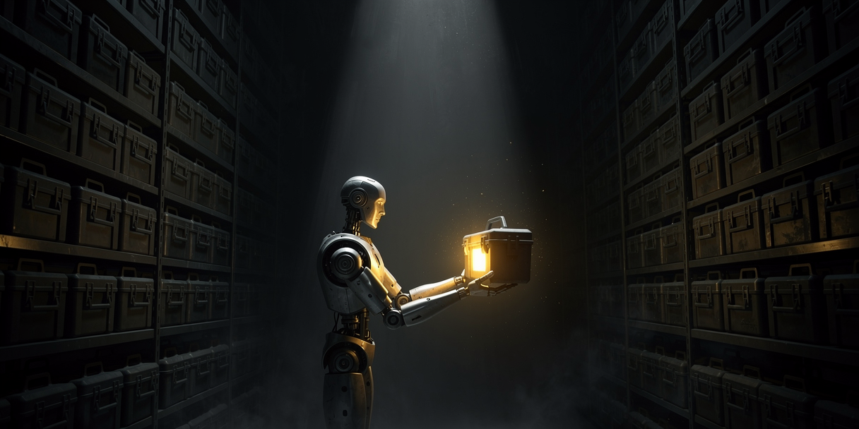 A robot librarian in a vast dark warehouse of dormant toolboxes handing over a single glowing one