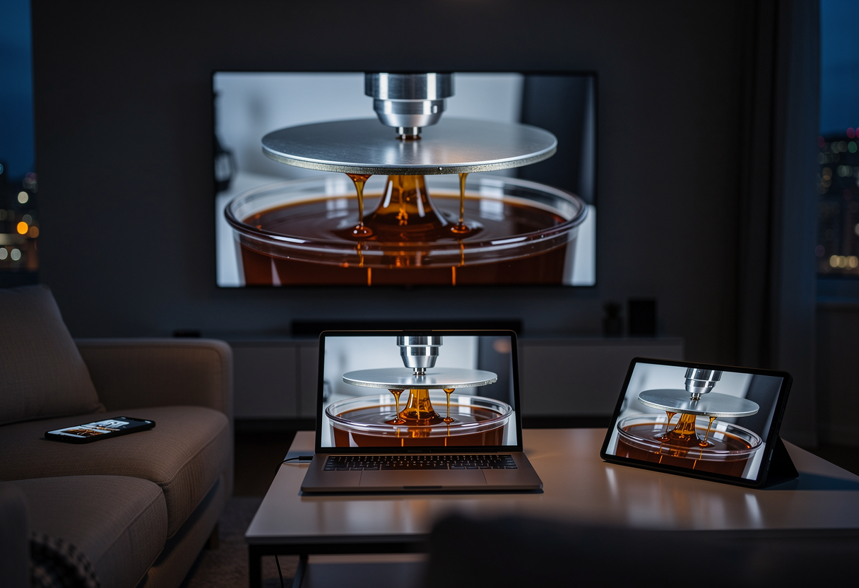 A living room at night where a large television, a laptop, a tablet and a phone all glow with the same live camera view of a resin 3D printer, the build plate rising out of a vat of amber resin.