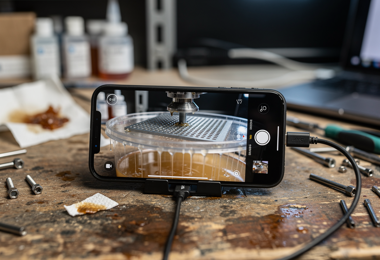 A smartphone lying on a workbench showing a live video of a resin printer's build plate lifting out of the vat, a USB cable trailing off to a laptop.