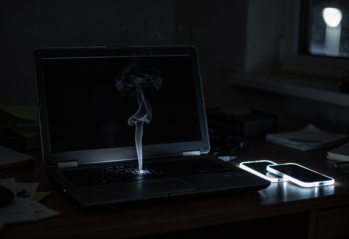 An old laptop on a desk at night, its screen gone dark, two tiny phone outlines glowing faintly in the darkness beside it.