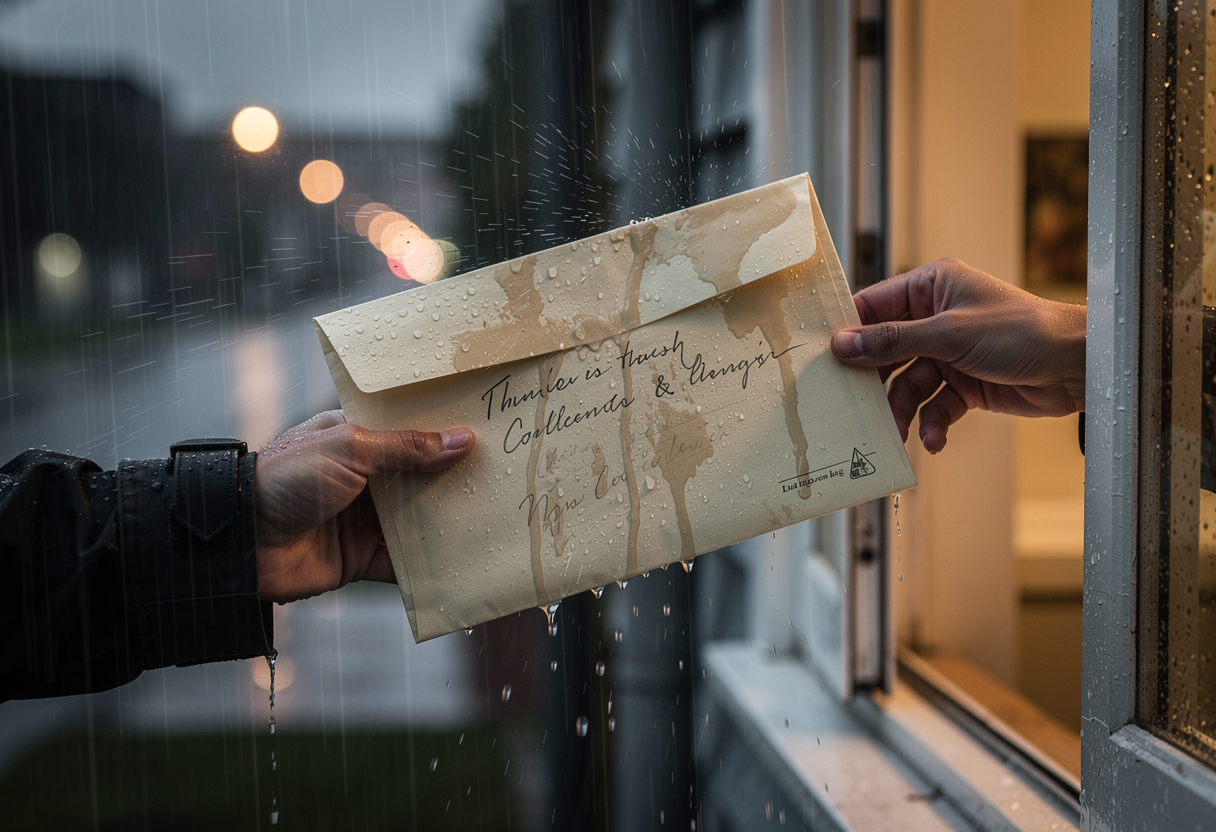 A sealed envelope being handed through an open window into the rain before the courier is politely redirected to the front door, the letter already soaked and its ink running