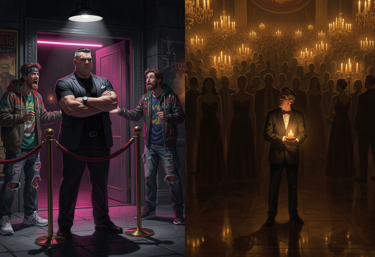 A stern nightclub bouncer at a velvet rope effortlessly turning away two obvious troublemakers, contrasted against a lone anxious host inside a vast candlelit ballroom crowded with a thousand indistinguishable guests, trying to recognise the few he actually invited