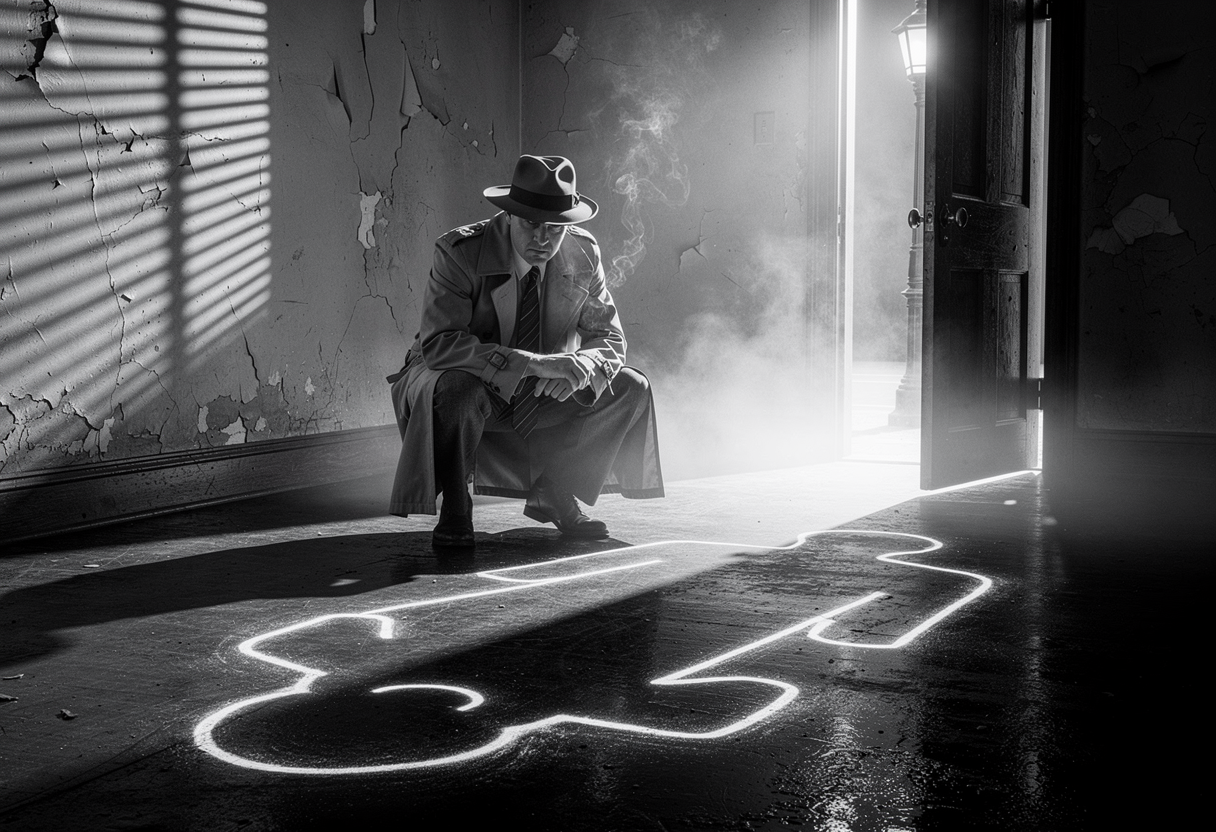 A film-noir detective crouched over a chalk outline on the floor that is completely empty, no body ever there, while behind him an unnoticed side door stands ajar letting fog roll in
