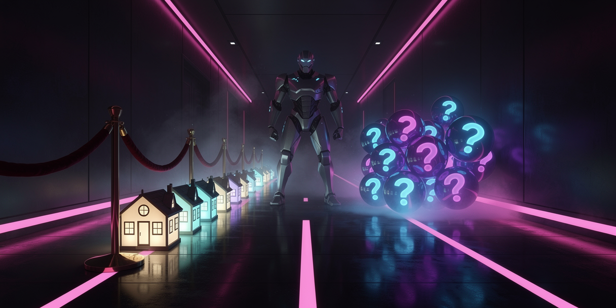 A robot bouncer at a velvet rope admitting house-shaped lanterns and turning away glowing question marks
