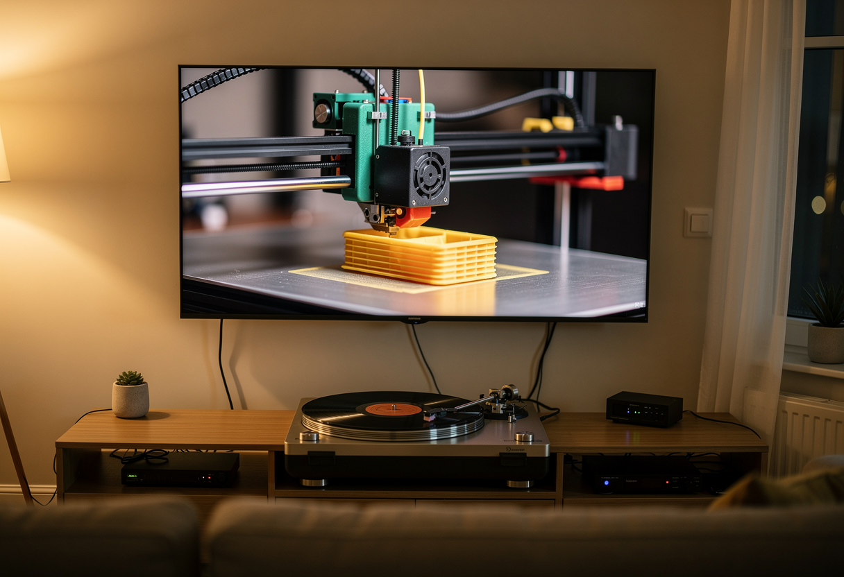 A living room television showing a close-up of a 3D printer mid-print, whilst a record player spins quietly on the shelf below it