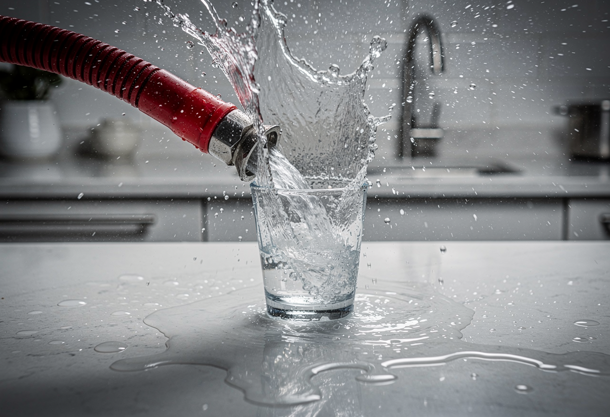 A fire hose at full pressure aimed into a single small drinking glass on a kitchen worktop, water spraying in every direction