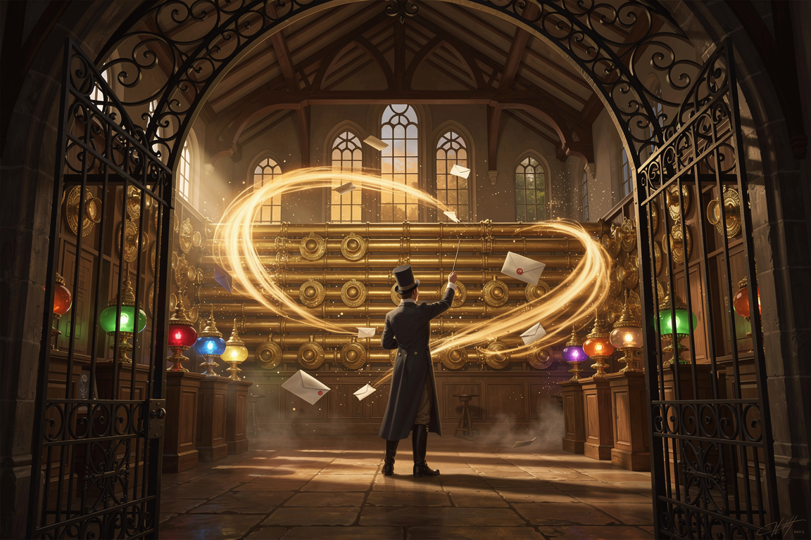 A sorting office routing glowing letters into pneumatic tubes crowned with coloured lamps