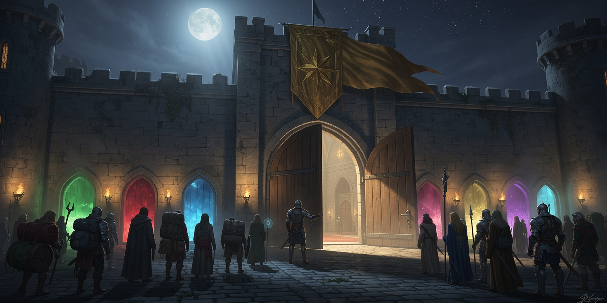 A single castle gate where a gatekeeper routes travellers to many differently coloured doors beyond