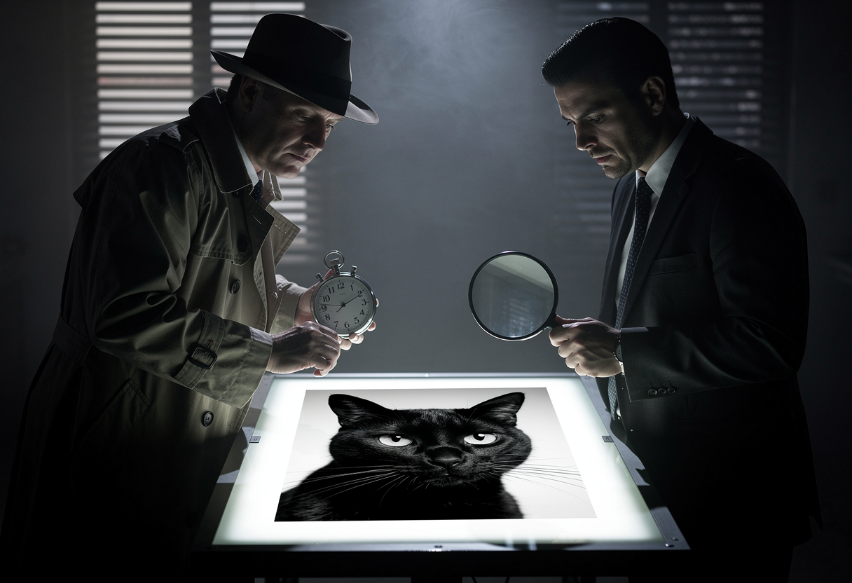 Two silhouetted analysts examining the same photograph of a sleek black cat on a glowing lightbox, one holding a stopwatch, one a magnifying glass, in a dark shadowy room