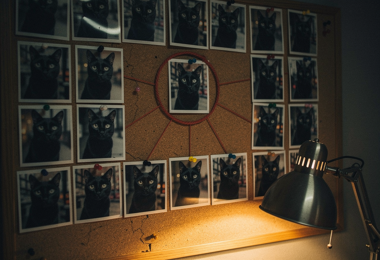 A detective's cork board covered in near-identical photographs of a sleek black cat, one photo ringed with red thread, illuminated by a desk lamp in a shadowy room