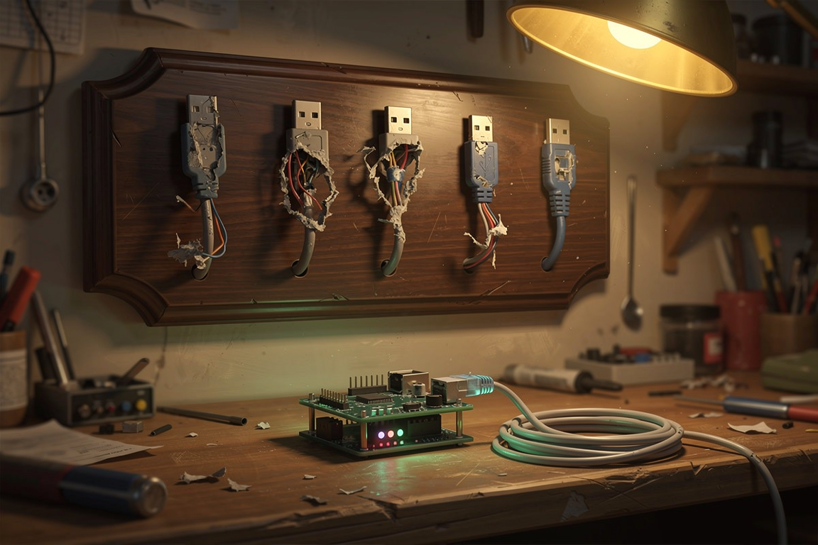 Five broken USB cables mounted like trophies above a workbench where the computer hums on ethernet