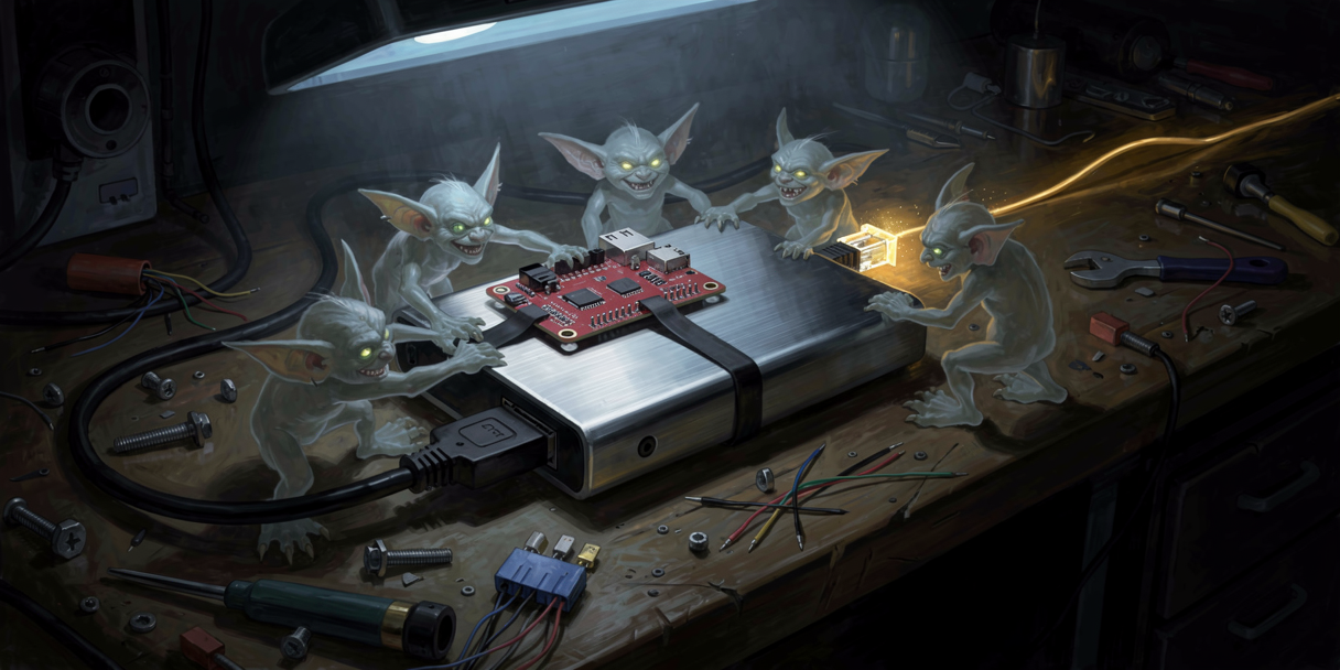 Five ghostly gremlins tugging at the USB cable of a small computer while an ethernet cable glows like a lifeline