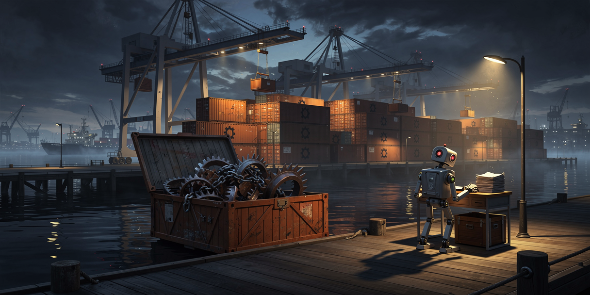 Robotic cranes sorting glowing crates at a night harbour, one crate open to reveal a trap of chains